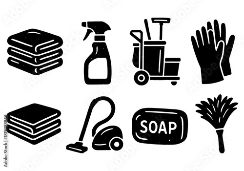 Set of cleaning equipment icons: gloves, soap, vacuum, towels, spray, duster