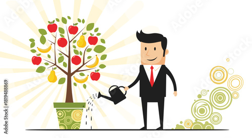Cartoon businessman waters a fruit tree in a pot as a metaphor for investing in future growth and harvesting the rewards, with sun rays background.
