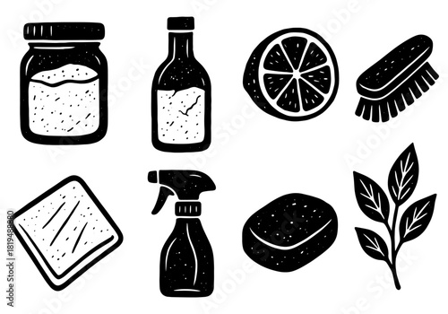 Hand drawn eco friendly cleaning products and natural ingredients set