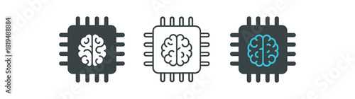 ai chip icons three microchip icons with small brain symbol center one flat solid monochrome one thin black outline black and white one full color flat icon dark gray and neon blue