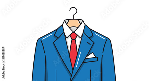 A stylish blue suit hangs neatly on a hanger, complete with a crisp white shirt and a bold red tie for a polished, professional look.