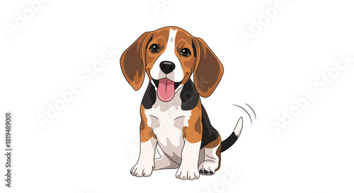 A cute beagle puppy is sitting and wagging its tail, with a happy expression on its face, indicating that it is content and playful.