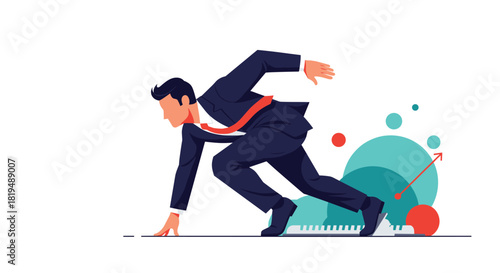 Determined businessman in starting position, ready to launch forward, symbolizing ambition, leadership, and progress towards goals.