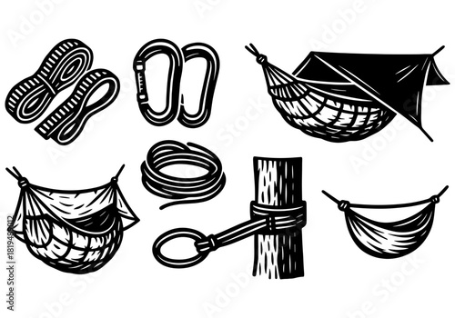 Camping gear: hammocks, ropes, carabiners in vintage woodcut style
