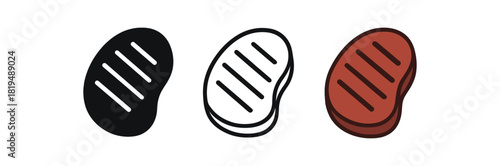 steak icons three steak silhouettes with grill mark lines one flat solid monochrome one thin black outline black and white one full color flat icon brown and red tones