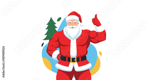 Muscular Santa Claus in red suit giving a thumbs up, festive Christmas tree in background, playful and whimsical vector illustration.