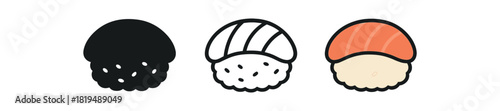 sushi nigiri icons three rice mound with topping shapes one flat solid monochrome one thin black outline black and white one full color flat icon salmon or topping