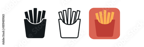 french fries icons three fry container silhouettes with stick shapes one flat solid monochrome one thin black outline black and white one full color flat icon red box and fries