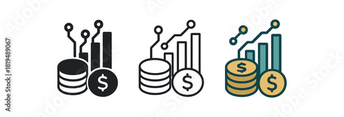 ai finance icons three coin or bar chart icons with small circuit line one flat solid monochrome one thin black outline black and white one full color flat icon gold and teal