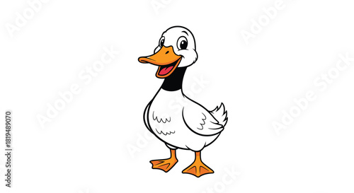 Smiling cartoon duck with a bright orange beak, black neck and white feathers standing on orange webbed feet on a white background.