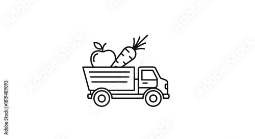 A line drawing depicts a pickup truck carrying an apple and a carrot, likely symbolizing fresh produce delivery or farm-to-table concepts.