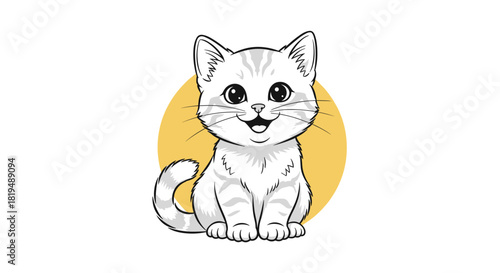 Adorable cartoon kitten with gray stripes sitting in front of a yellow circle, showcasing a cute and playful feline expression.