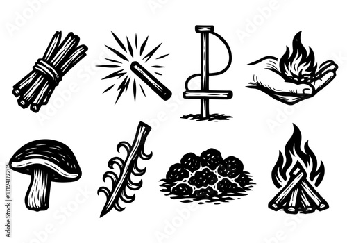 Hand drawn survival tools and fire starting techniques collection