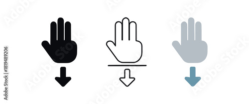 swipe down icons three finger icons sliding on rectangle with arrow downward one flat solid monochrome one thin black outline black and white one full color flat icon soft gray and blue