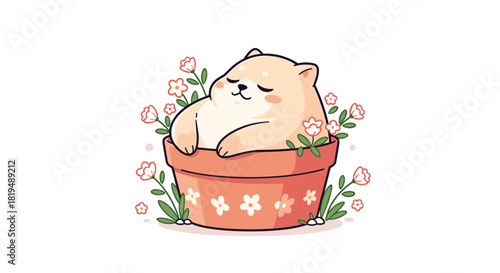 A cute illustration of a plump, sleepy hamster nestled in a terracotta flower pot surrounded by delicate white flowers with green leaves.