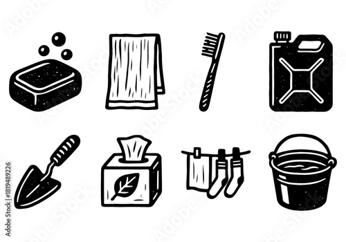 Hand drawn household and hygiene icons with grunge texture