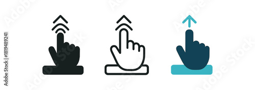 swipe up icons three finger icons sliding on rectangle with arrow upward one flat solid monochrome one thin black outline black and white one full color flat icon cyan and navy