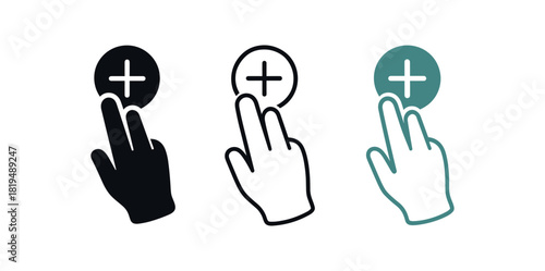 pinch to icons three two finger icons moving toward circle with plus symbol one flat solid monochrome one thin black outline black and white one full color flat icon teal and white