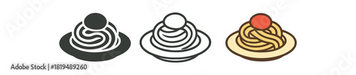 spaghetti icons three plates with noodle swirl and tomato sauce dot one flat solid monochrome one thin black outline black and white one full color flat icon and red