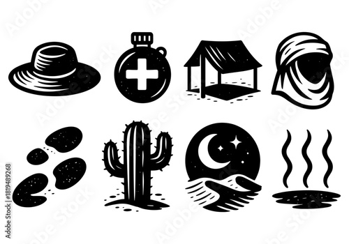 Desert adventure icons: hat, cactus, tent, dunes, night sky