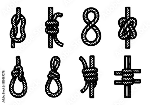 Set of eight nautical knots in black and white line art style for maritime design