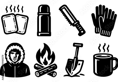 Camping essentials icons: gear up for the outdoors in bold minimalist style