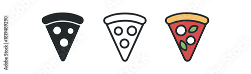 italian pizza icons three margherita pizza slice icons one flat solid monochrome one thin black outline black and white one full color flat icon red white and green