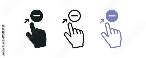 pinch to icons three two finger icons moving away from circle with minus symbol one flat solid monochrome one thin black outline black and white one full color flat icon purple and white