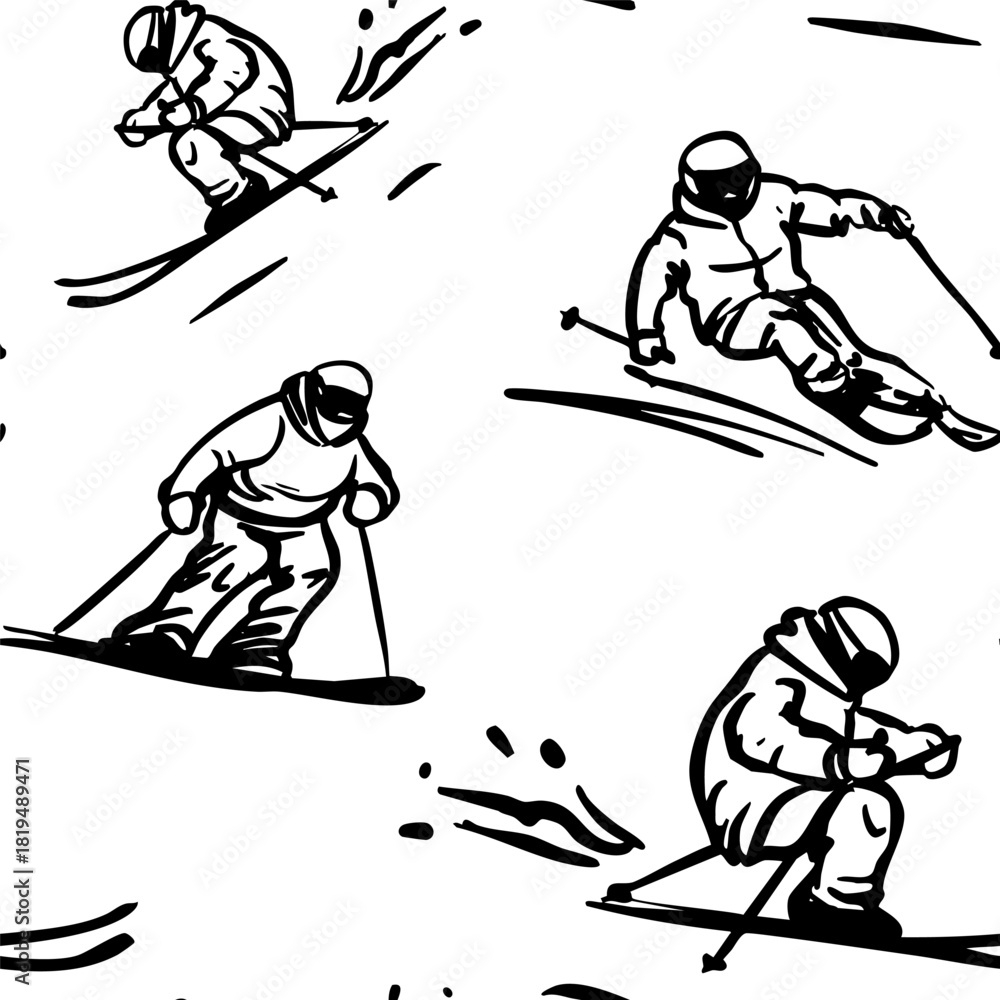 Fototapeta premium Skiers set, hand drawn sketch, monochrome vector illustration
