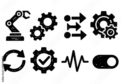 Grunge industrial icons: robot arm, gear, arrows, and control elements set