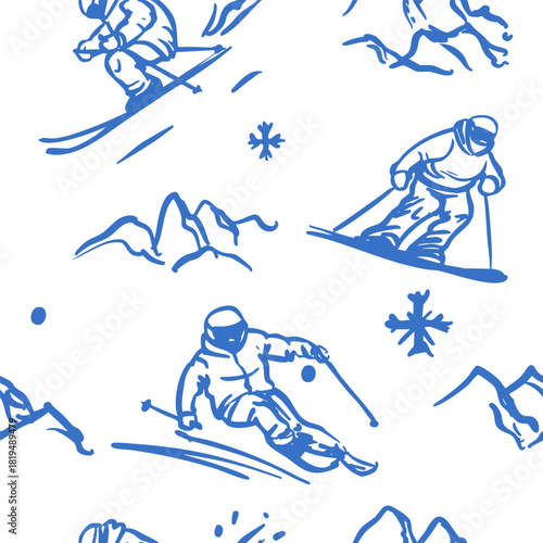 Skiers set, hand drawn sketch, monochrome vector illustration
