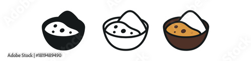 indian curry icons three bowls with thick curry and rice mound shapes one flat solid monochrome one thin black outline black and white one full color flat icon golden sauce and white rice