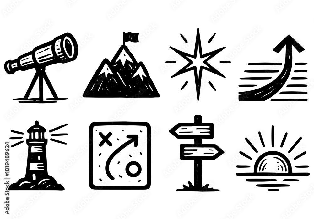 Fototapeta premium Adventure and navigation icons in black and white hand-drawn style