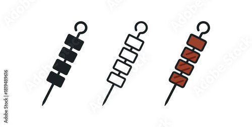 turkish kebab icons three skewer icons with meat cube shapes one flat solid monochrome one thin black outline black and white one full color flat icon grilled brown and red