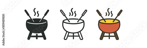 swiss fondue icons three fondue pot with two skewers icons one flat solid monochrome one thin black outline black and white one full color flat icon red pot and cheese