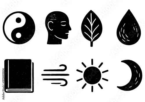 Grunge style zen icons collection: yin yang, nature, human elements