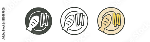 british fish and chips icons three plate icons with fish fillet and fries shapes one flat solid monochrome one thin black outline black and white one full color flat icon beige and