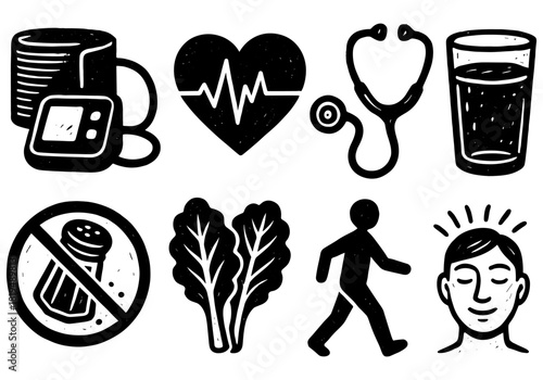 Health and wellness icons featuring heartbeat, stethoscope, and healthy lifestyle