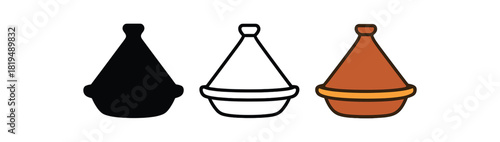 moroccan tagine icons three tagine pot silhouettes with conical lid one flat solid monochrome one thin black outline black and white one full color flat icon terracotta and warm food tones