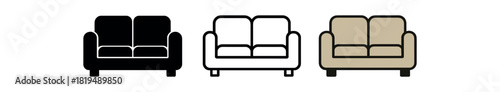 living room sofa icons three modern sofa front view icons with simple cushions one flat solid monochrome one thin black outline black and white one full color flat icon neutral fabric tones