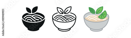 vietnamese pho icons three bowls with noodles herb and lime slice shapes one flat solid monochrome one thin black outline black and white one full color flat icon light broth and green herbs