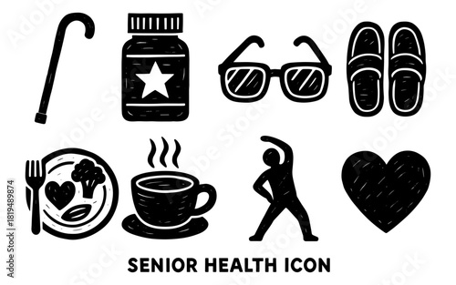 Senior health icon set: hand drawn symbols of wellness and lifestyle