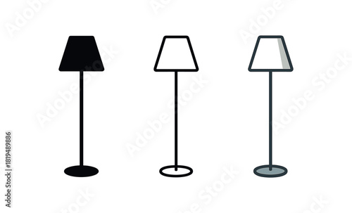 floor lamp icons three slim floor lamp silhouettes with simple shade one flat solid monochrome one thin black outline black and white one full color flat icon soft metal and white