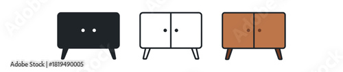 sideboard icons three sideboard cabinet icons with doors and small legs one flat solid monochrome one thin black outline black and white one full color flat icon midcentury wood