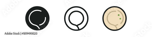 russian pelmeni icons three small dumpling ring silhouettes one flat solid monochrome one thin black outline black and white one full color flat icon pale dough with tiny green garnish