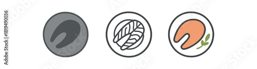 scandinavian salmon icons three salmon fillet on simple plate icons one flat solid monochrome one thin black outline black and white one full color flat icon soft orange and green herb