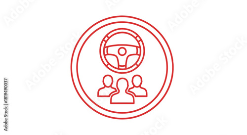 Red line icon of a steering wheel above a group of people symbolizing carpooling or ride-sharing.