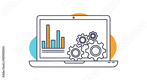 Illustration of a laptop displaying a bar chart and gears, symbolizing data analysis and operational processes.
