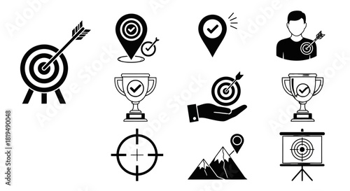 Collection of various black and white target icons, representing goals and achievements.
