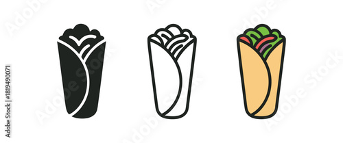 middle eastern shawarma icons three wrap silhouettes with visible meat and veggie strips one flat solid monochrome one thin black outline black and white one full color flat icon beige wrap